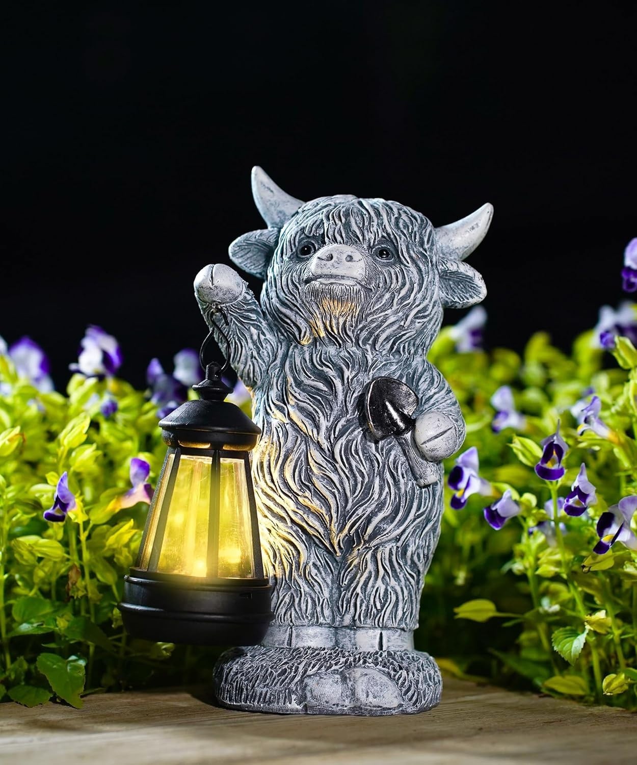 Solar Highland Cow Garden Ornament with Lantern | Outdoor Resin Statue Patio