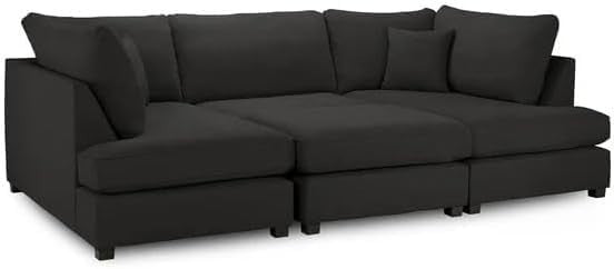 Black Velvet U-Shaped Modular 5 Seater Sofa - Cinema Corner + Footstool