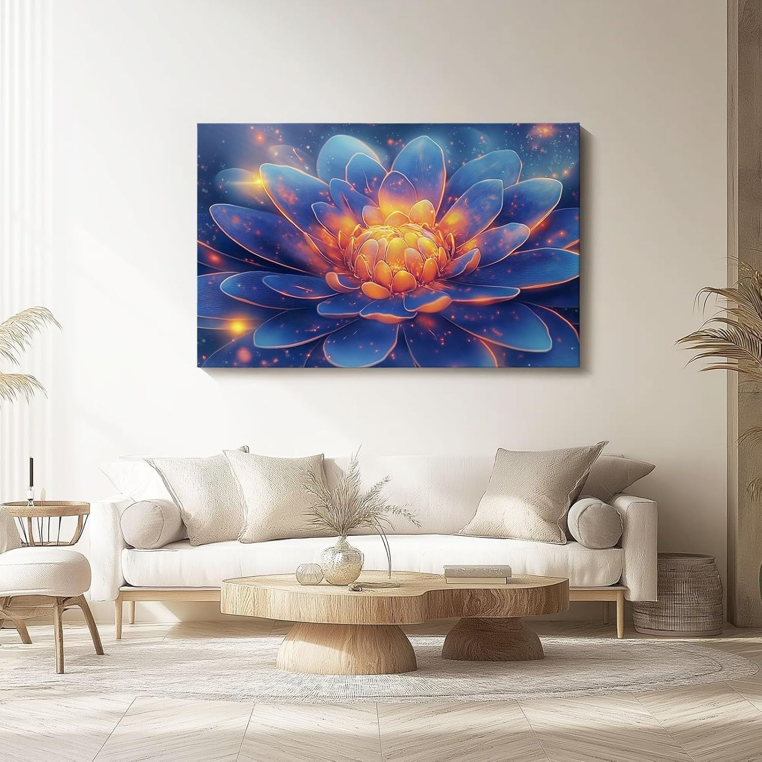 Extra Large Blue Orange Lotus Canvas Wall Art 100x50cm