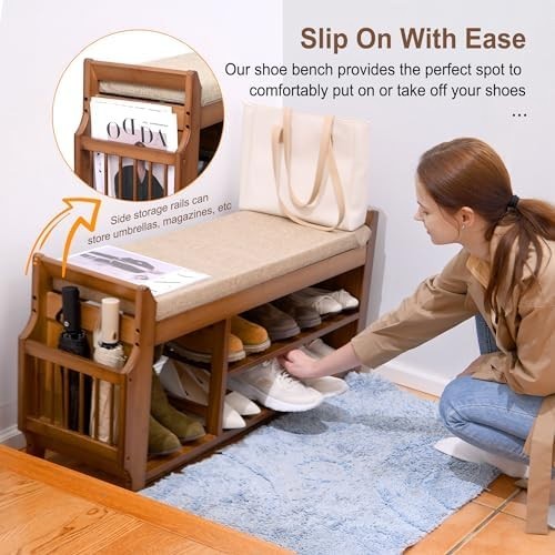 Bamboo Shoe Storage Bench 2 Tier with Cushion Drawer Side Holder Brown 39inch
