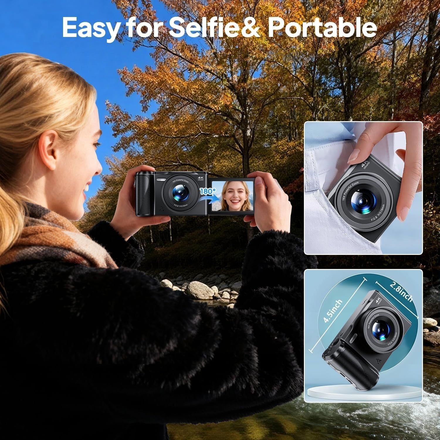 4K 56MP Vlogging Camera Flip Screen Zoom Retro Camera w SD Card