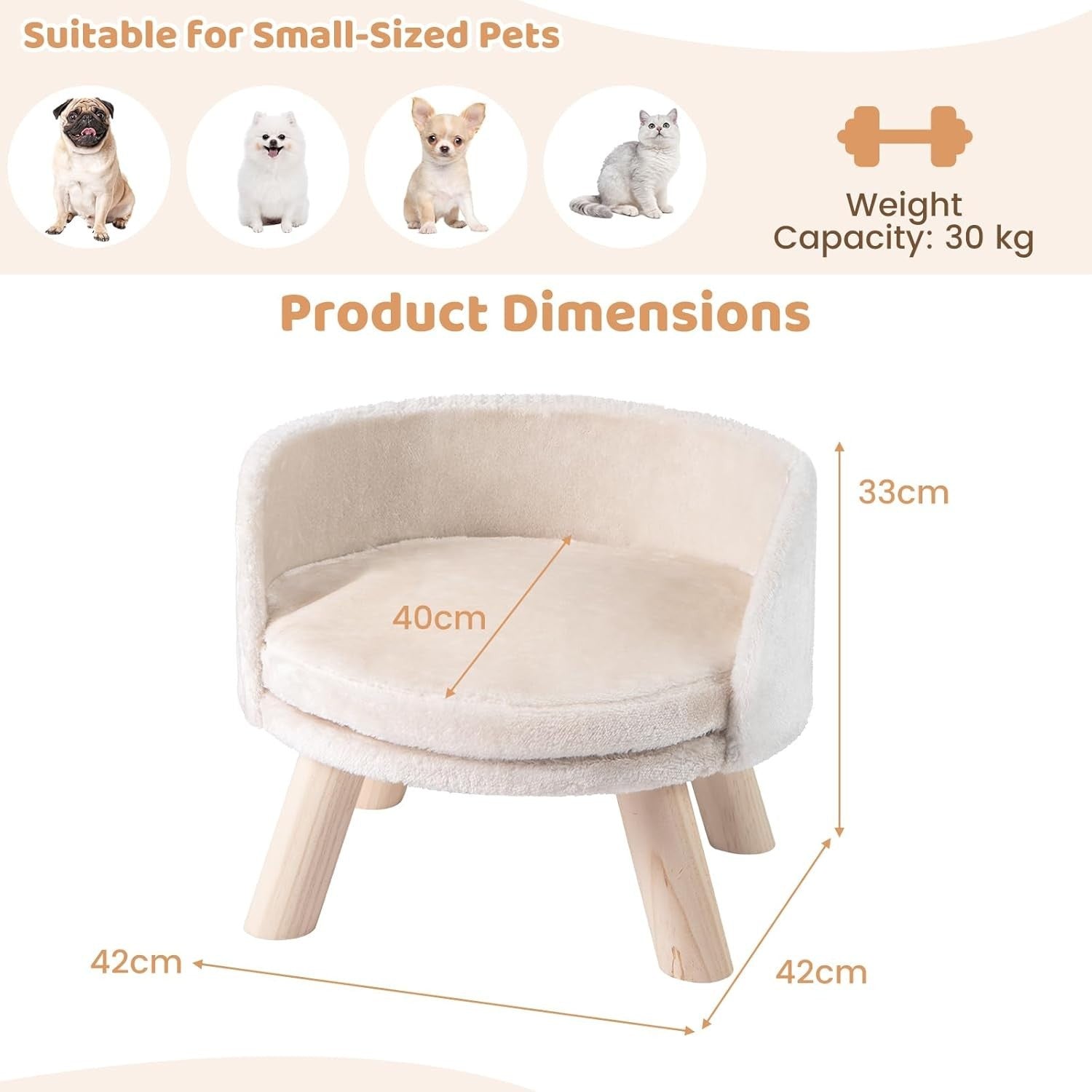 Elevated Dog Cat Sofa Bed Plush Pet Lounge Chair w Wood Legs Beige