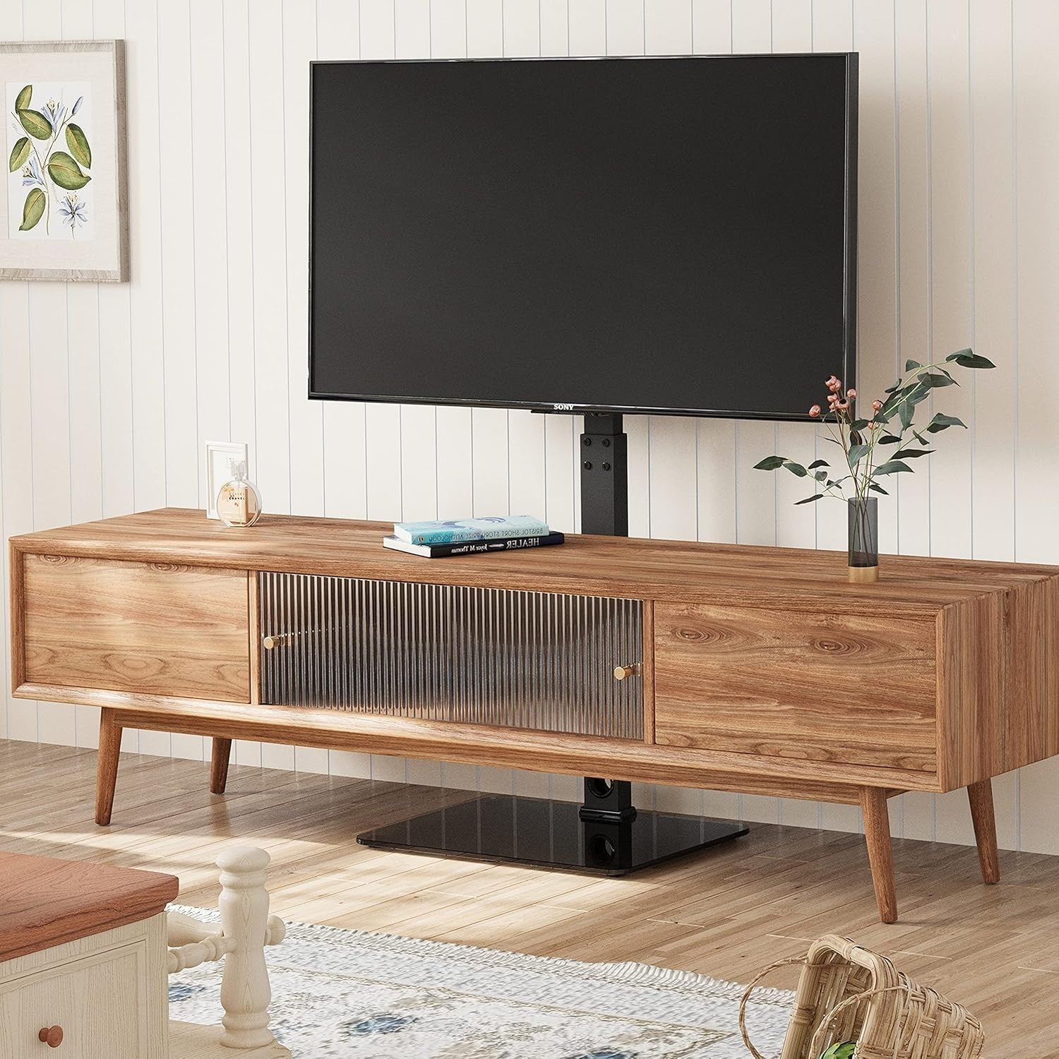 Adjustable Swivel TV Floor Stand 30-70" TVs, Tempered Glass Shelf, 40kg