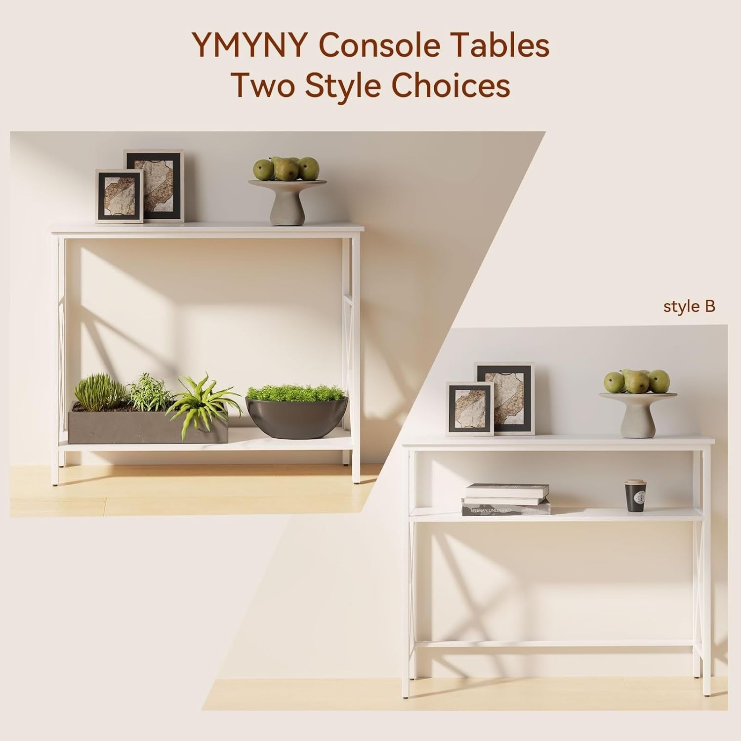 Compact Industrial Console Table with Adjustable Feet & Metal Frame, White