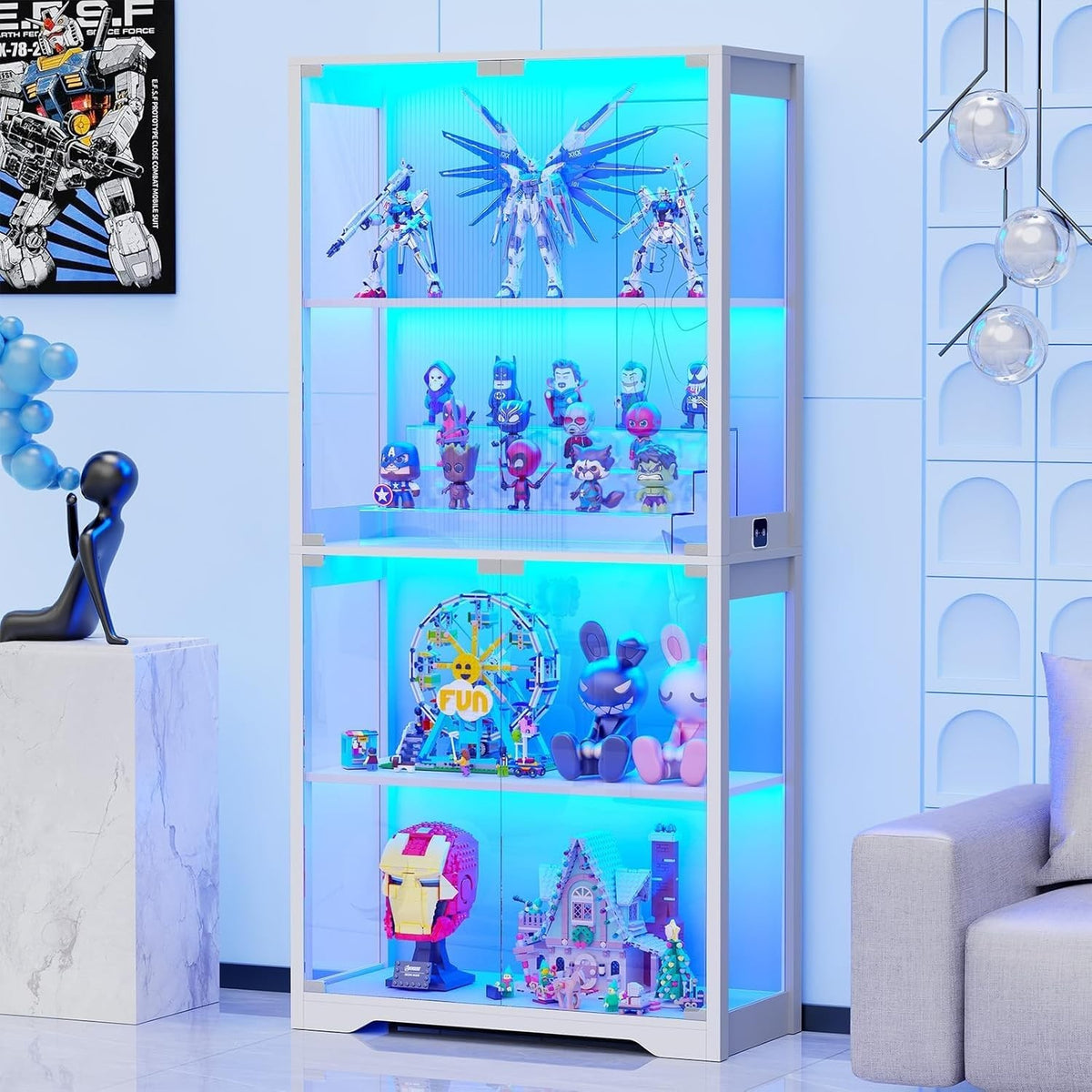 4 Tier Glass Display Cabinet with LED Lights White Trophy Bookcase 165cm