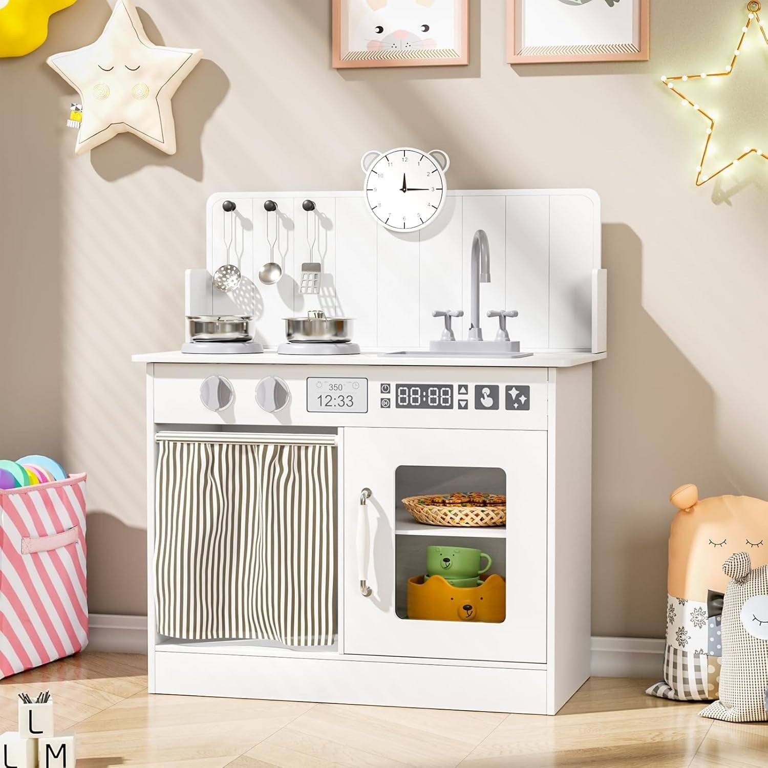 Wooden Kids Play Kitchen White Cooker Sink Toy Set w Storage & Clock