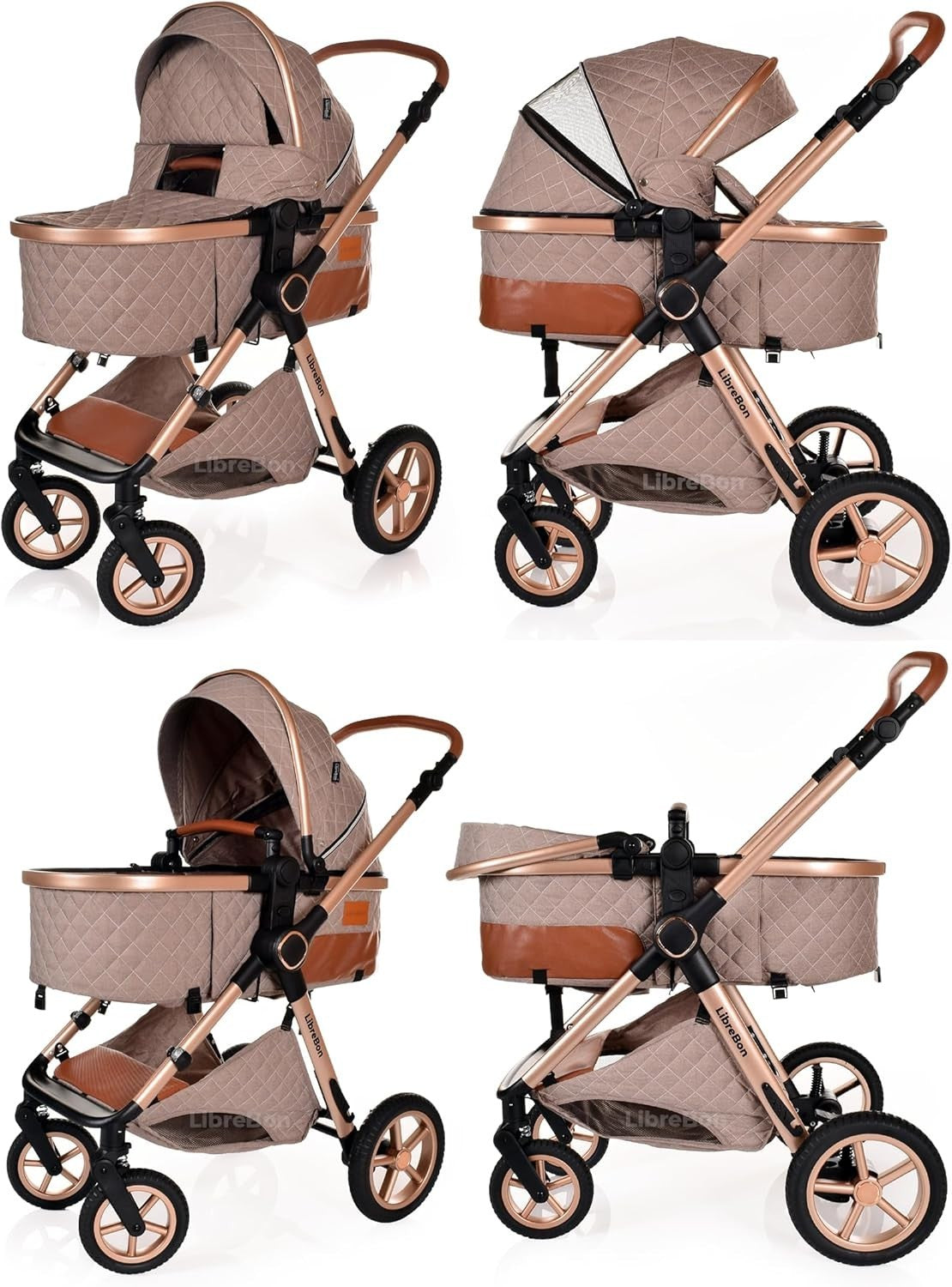 3-in-1 Baby Stroller Travel System Pram Pushchair Foldable Lightweight Beige