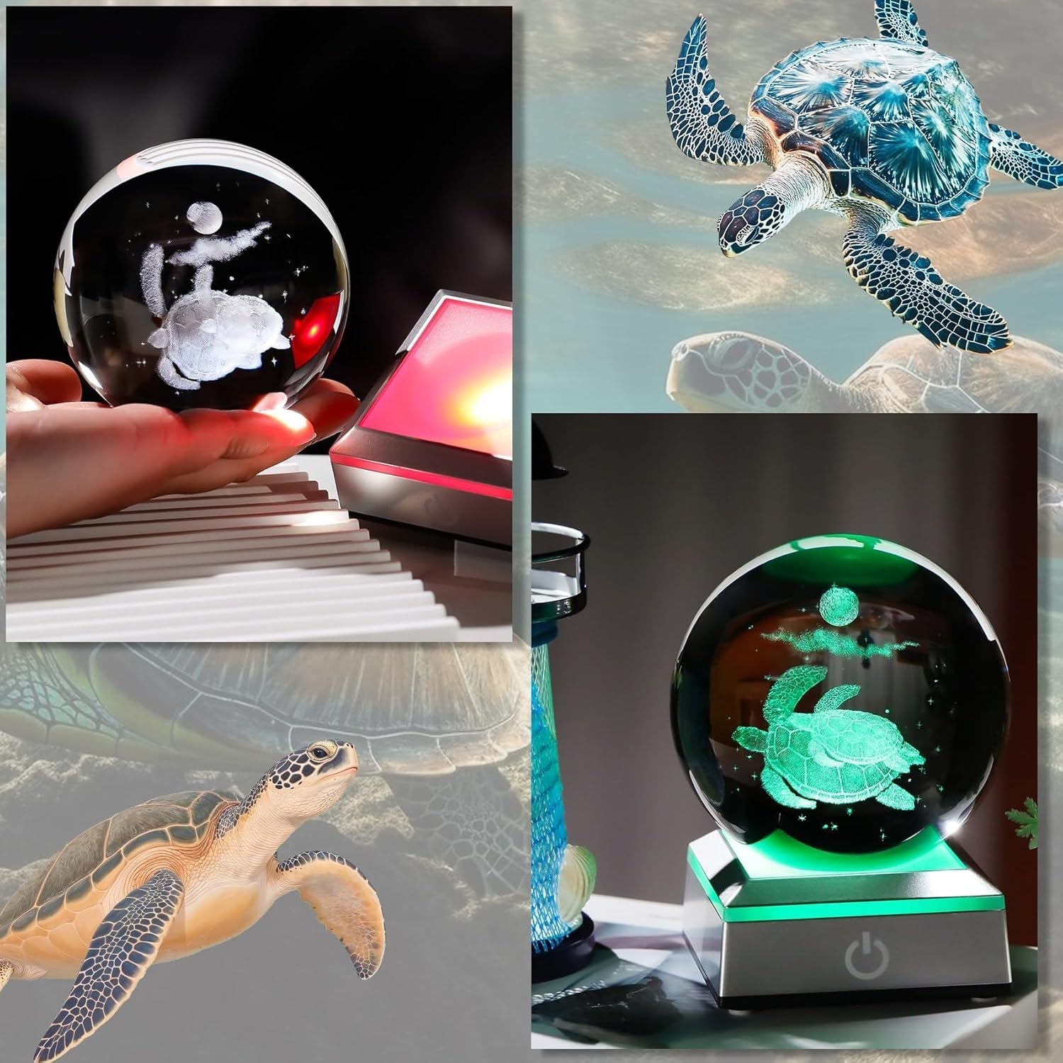 3D Crystal Sea Turtle Ball 8cm LED Light K9 Glass Ornament Gift Home Decor