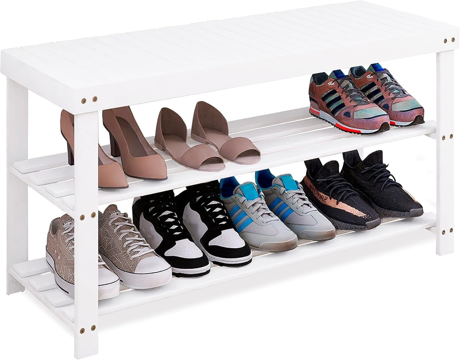 3-Tier White Bamboo Shoe Rack Bench with Storage Shelf & Durable Design