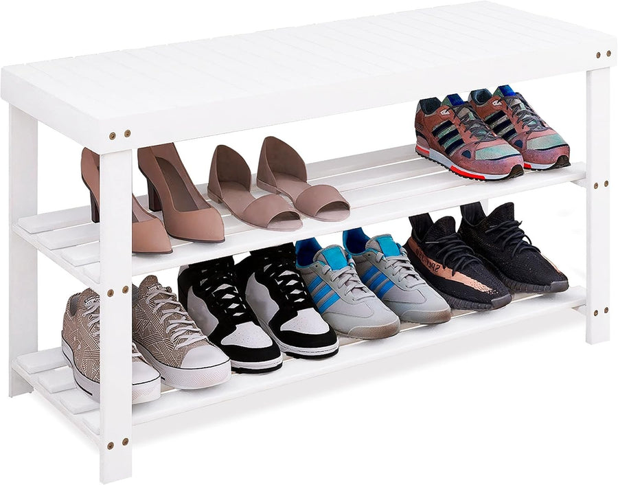 3-Tier White Bamboo Shoe Rack Bench with Storage Shelf & Durable Design