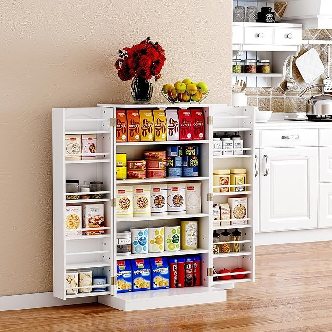 Tall White Kitchen Pantry Cabinet with 6 Adjustable Shelves & Doors – Space