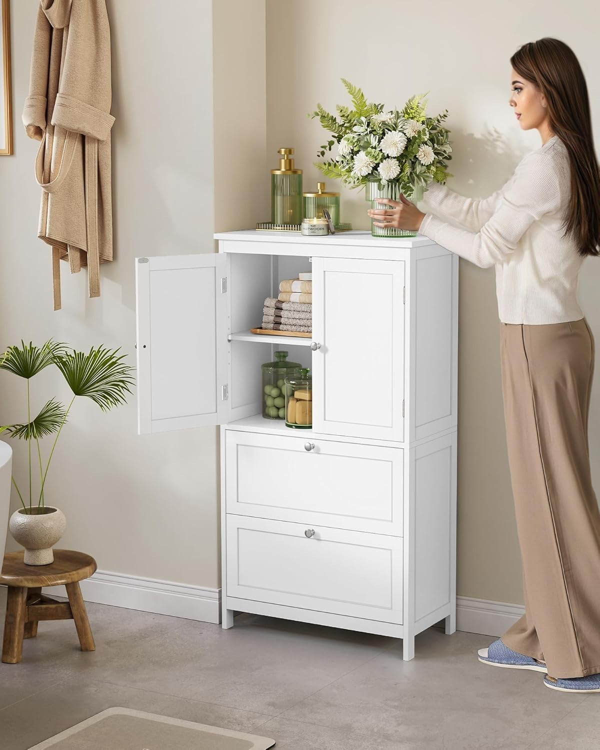 Bathroom Storage Cabinet with Drawers & Doors, Adjustable Shelf 110cm