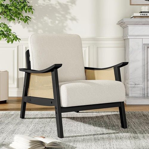 Mid-Century Rattan Armchair White Teddy Fur Seat Retro Lounge Accent
