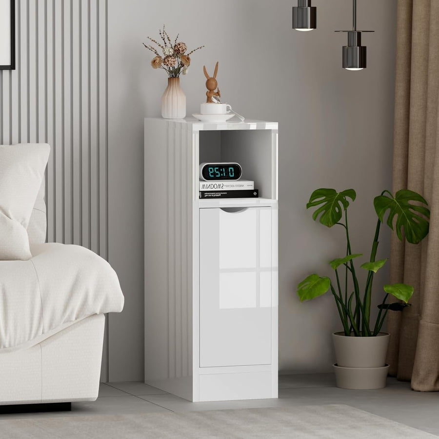 Slim White High Gloss Bedside Table with Drawer & Shelf, Narrow Nightstand