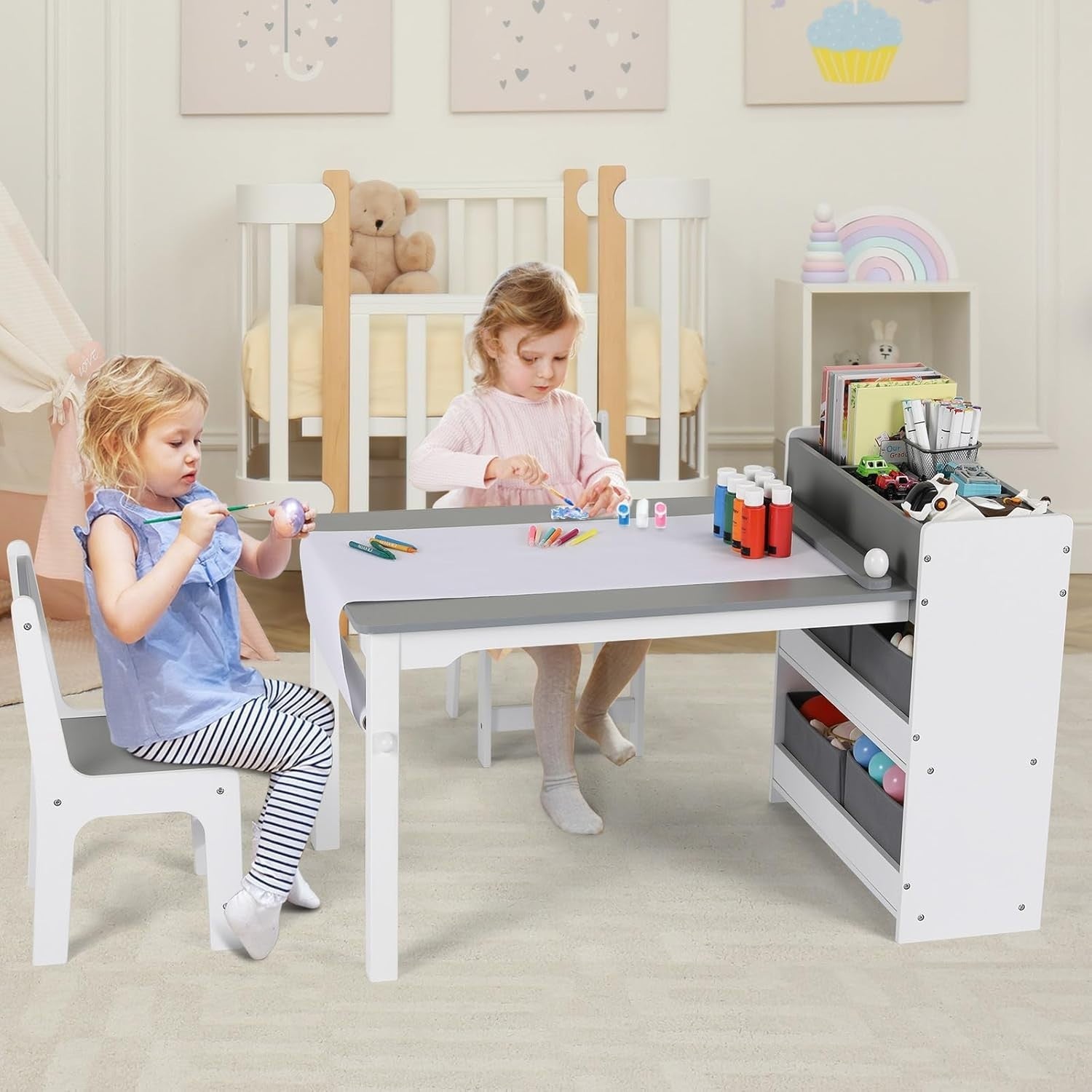 Kids Table and Chairs Set Wooden 2in1 Art Craft Desk w/ Storage & Paper Roll
