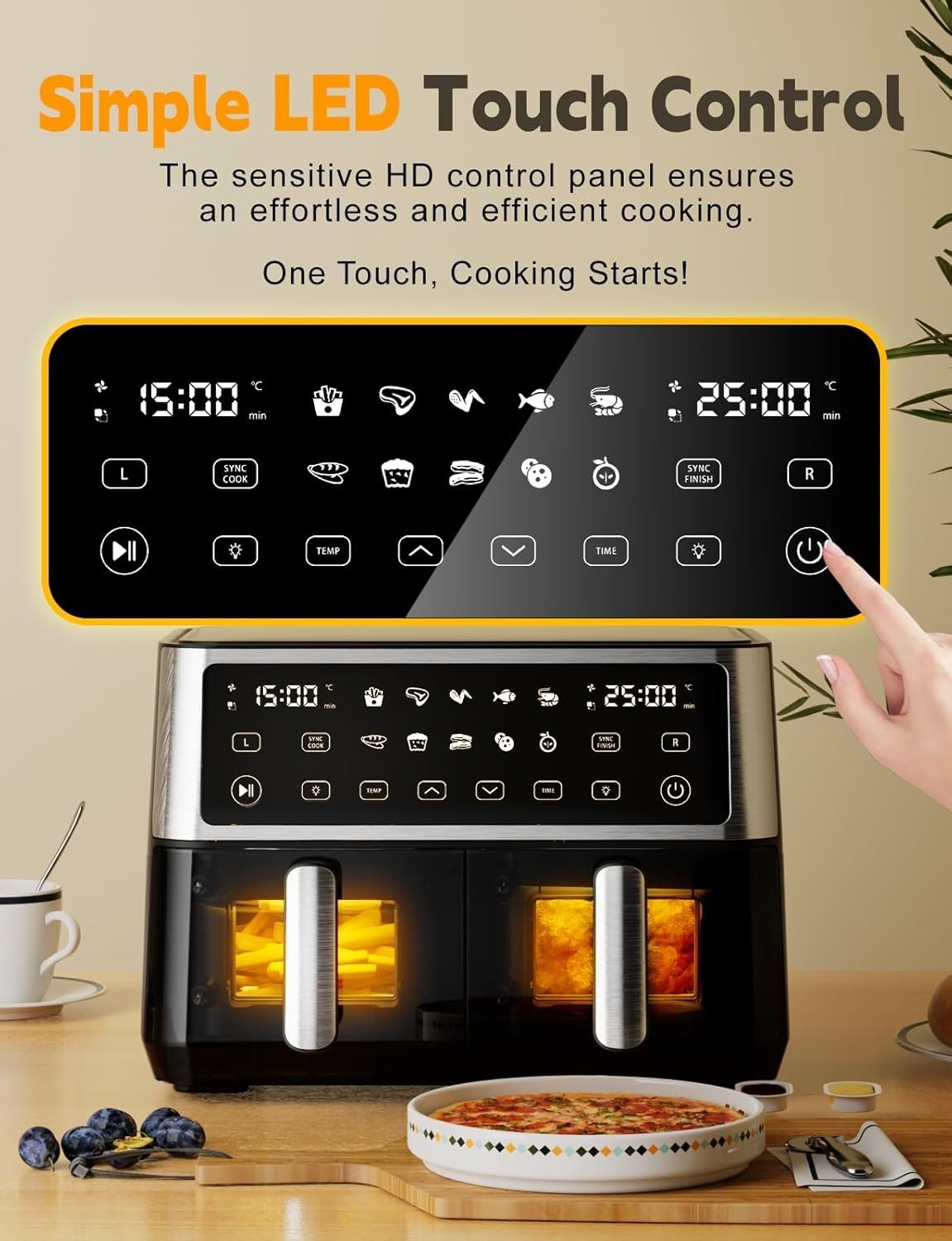 10L Dual Air Fryer with Window 2 Drawers 10 Presets Sync Cook Touchscreen