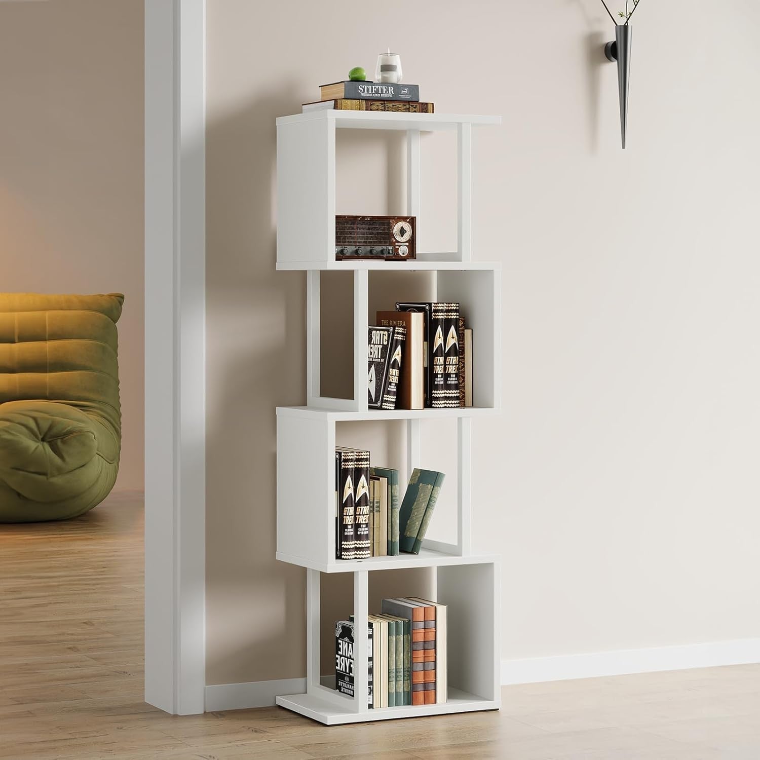 5-Tier S-Shaped Corner Bookcase with 6-Colour LED Lights White Display Shelf Uni