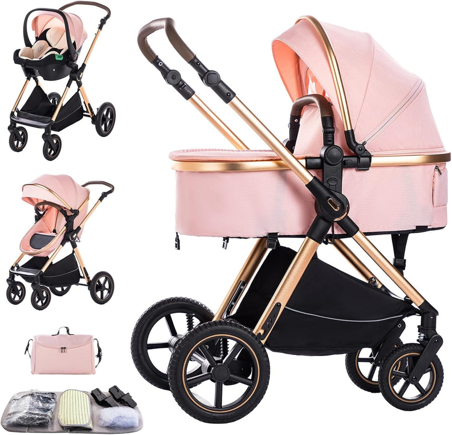 Pink 3in1 Baby Pram Travel Pushchair System Adjustable Handle Foldable 22kg