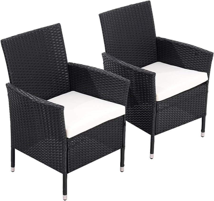 Black Rattan Garden Dining Chairs Set of 2 Cushioned High Back Patio Armchairs