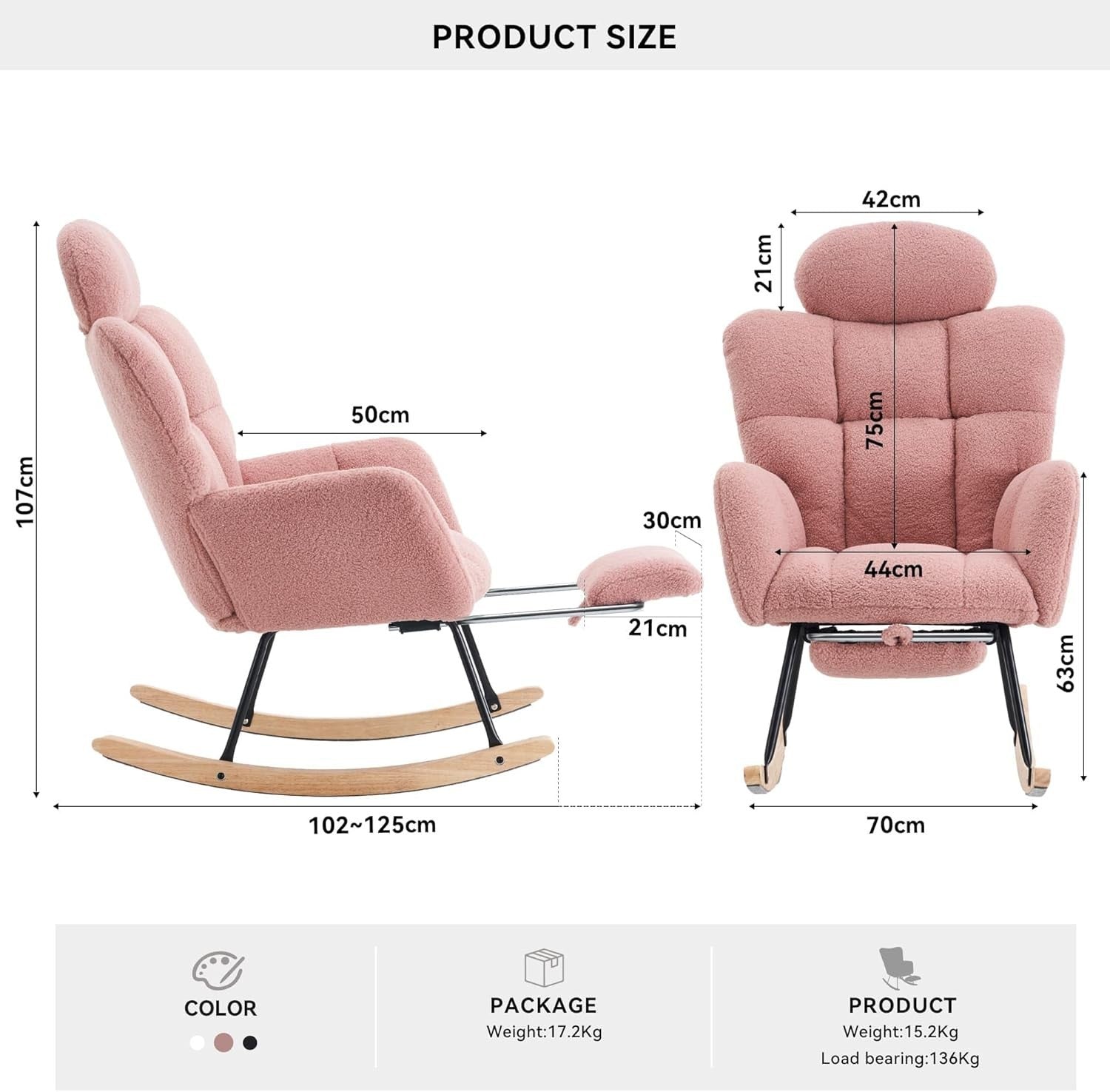 Pink Rocking Recliner Chair w/ Footrest & Headrest – Soft Teddy Armchair 125cm