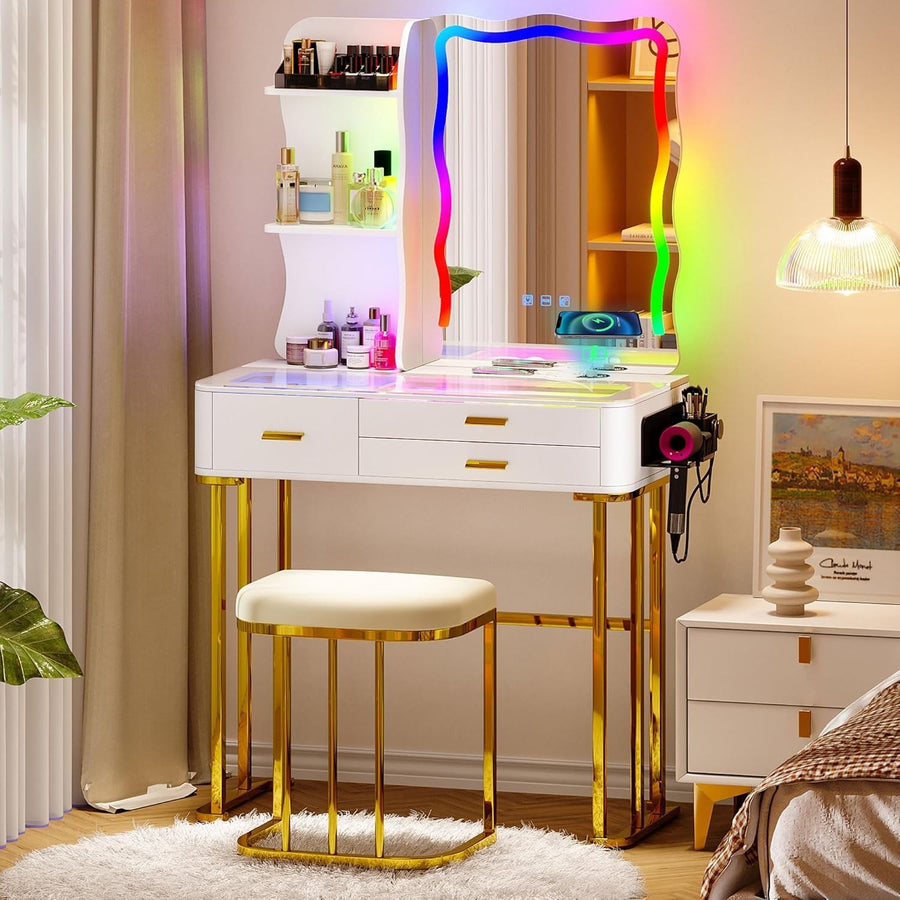 Elegant White Vanity Dressing Table RGB LED Mirror Wireless Charging 3 Drawers