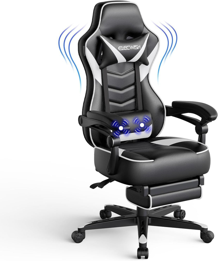 Massage Gaming Chair White Recliner w/ Footrest PU Leather