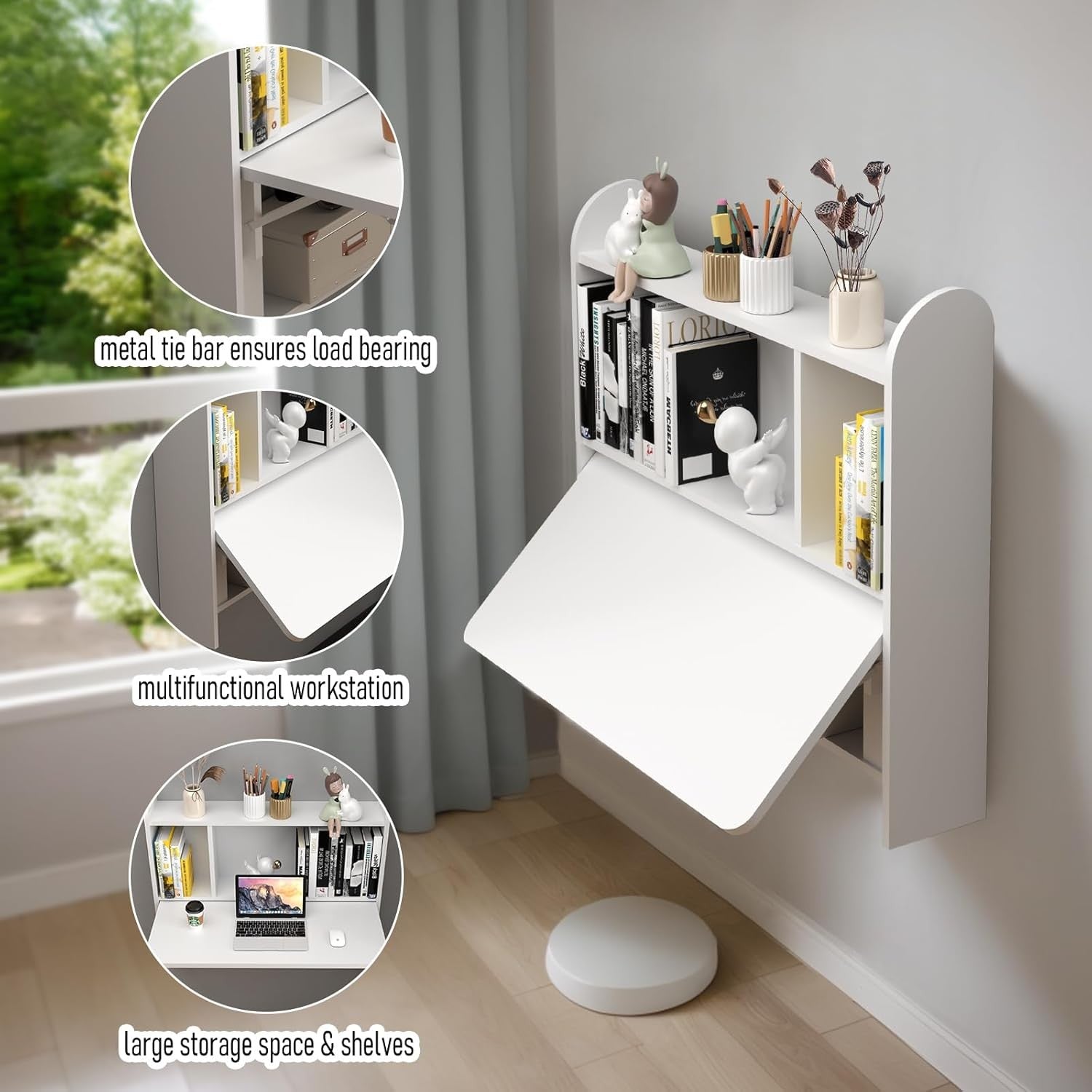 Wall Mounted Folding Desk Floating Laptop Table with Shelves Storage White