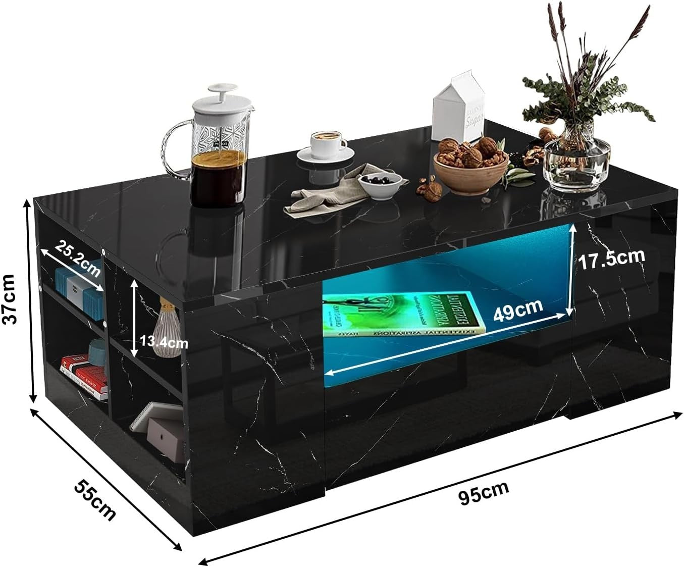 Black Marble High Gloss Coffee Table with LED RGB Lights & Storage 95x55x37cm
