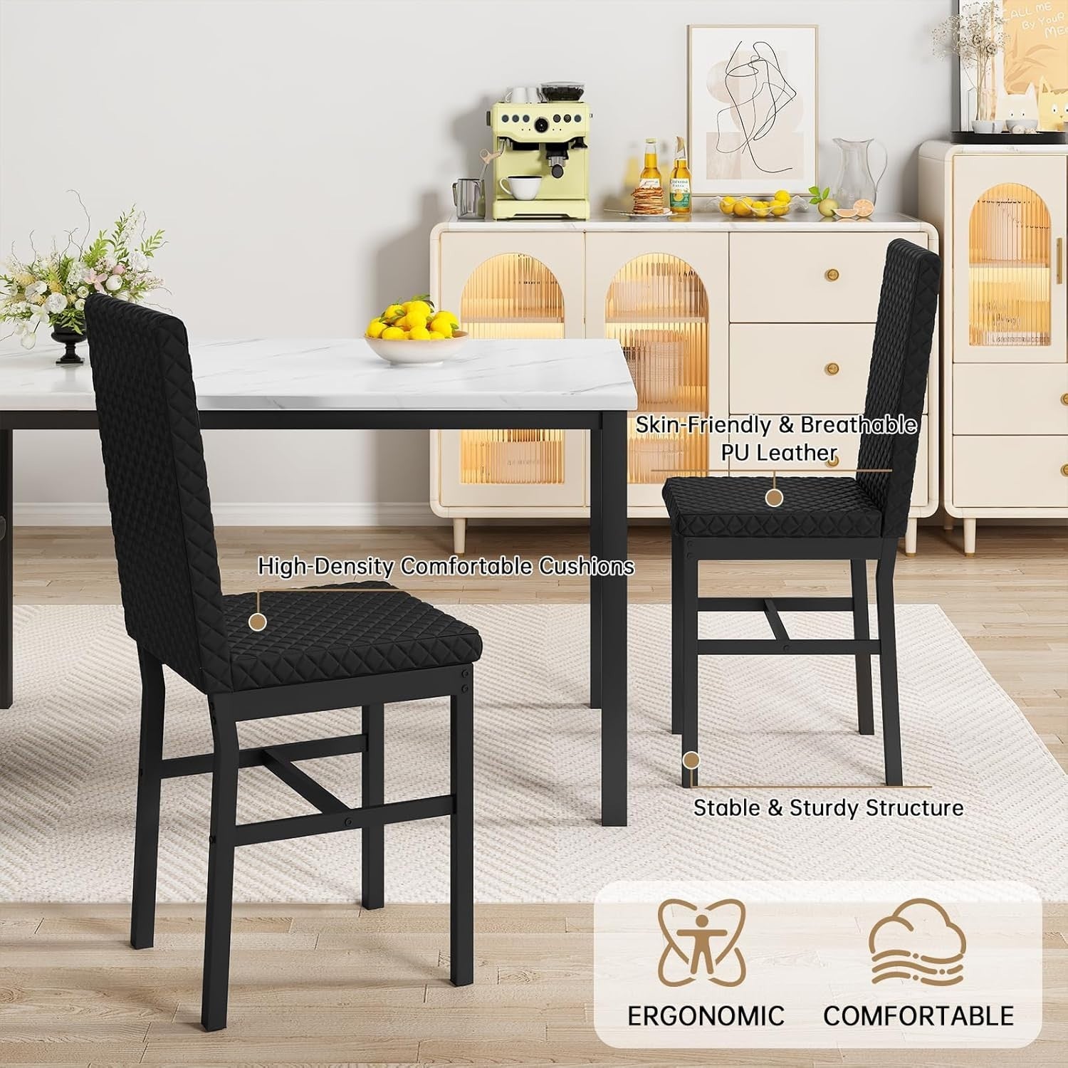 White Faux Marble Dining Table & 4 Black PU Leather Chairs Set for Small Rooms