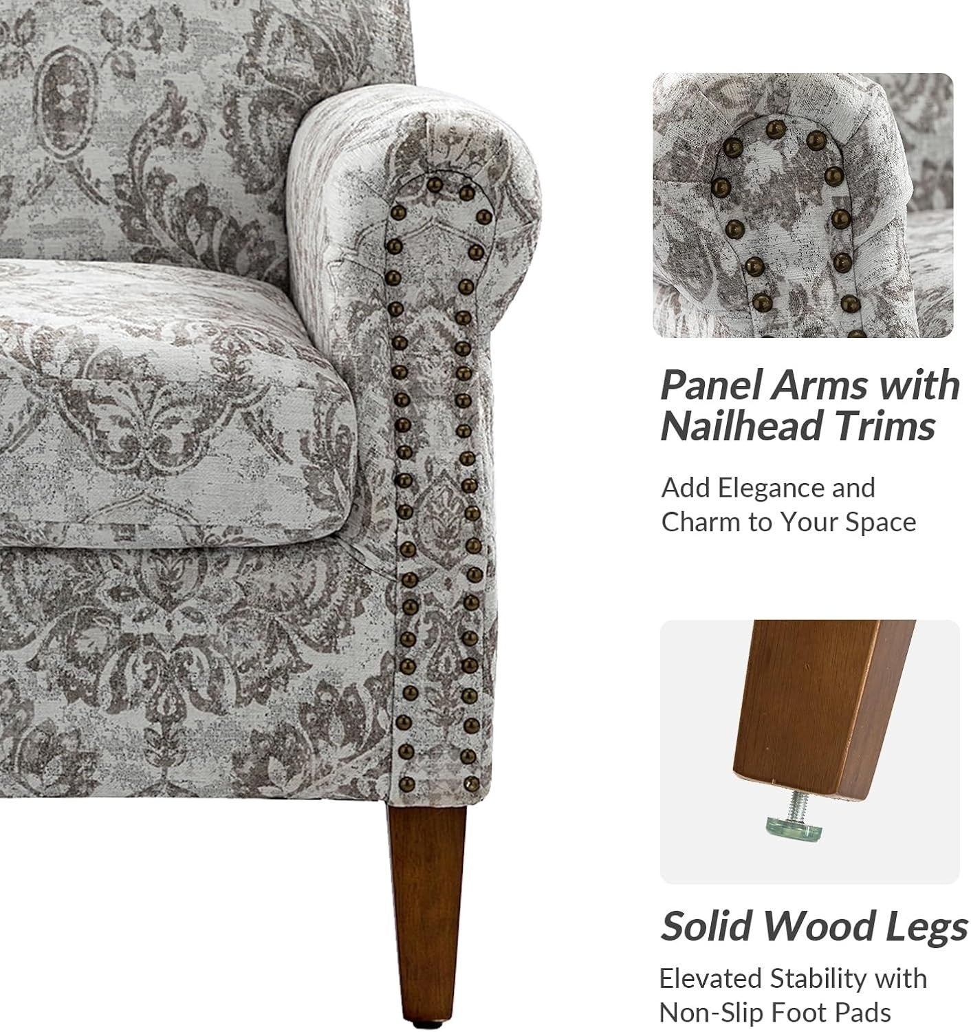 Beige Floral Accent Armchair with Wood Legs & Removable Cushions - Cozy