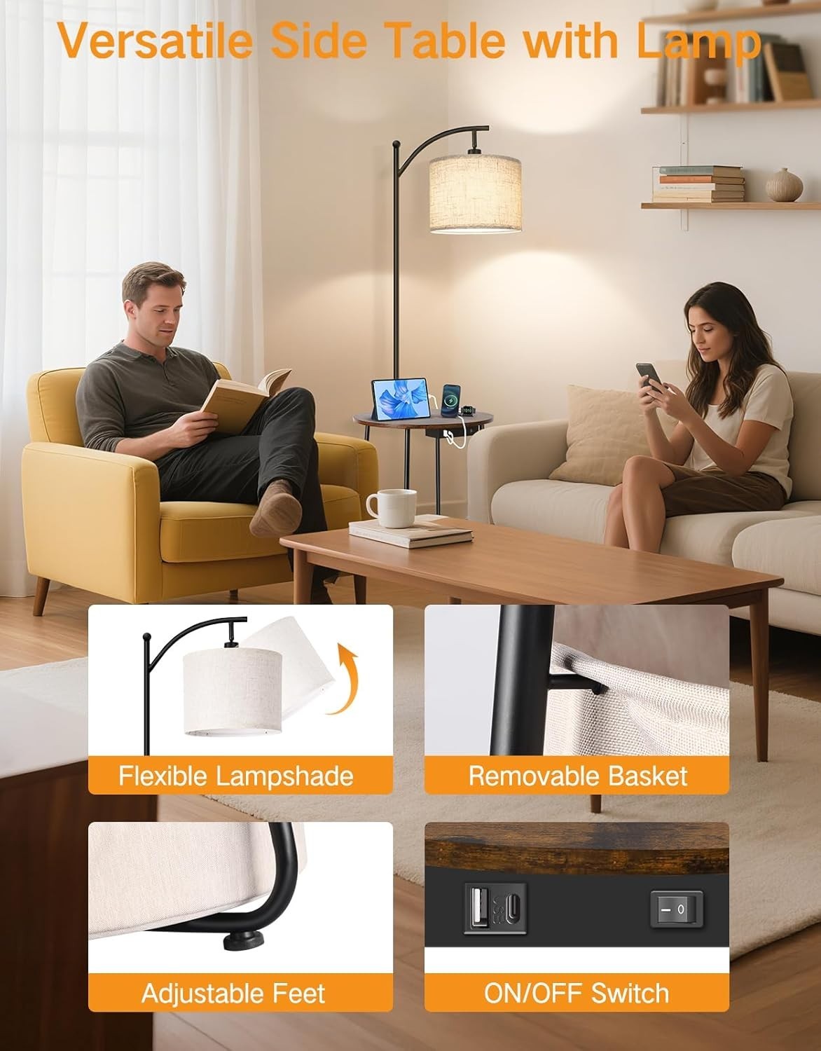 Multifunctional Floor Lamp with Table, USB Charging & 3 Light Modes