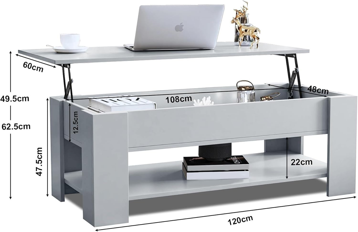 Lift Up Coffee Table with Storage – Grey 120x60cm Adjustable Height