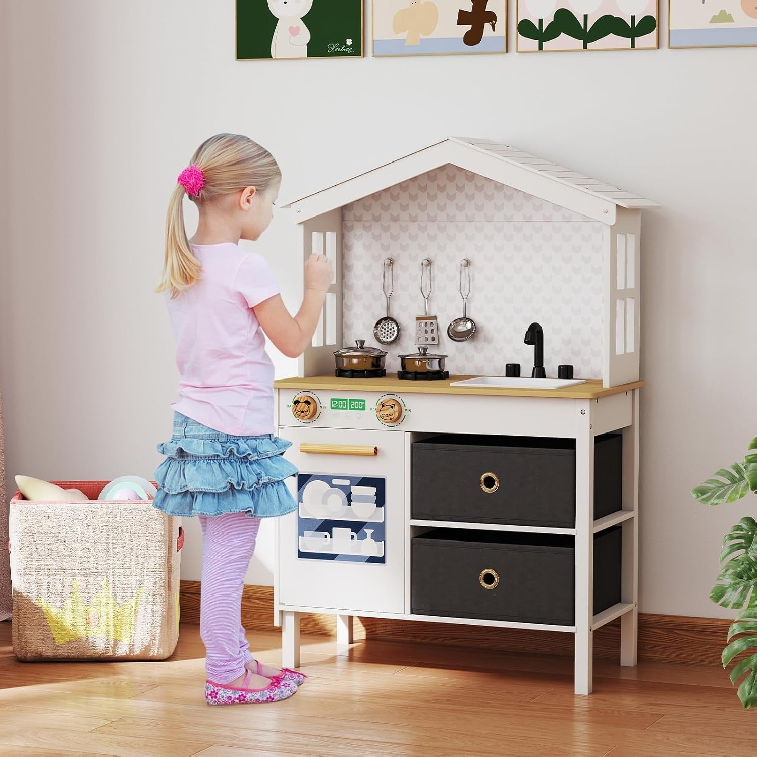 Wooden Kids Play Kitchen White w/ Dishwasher Sink Pots Role Play
