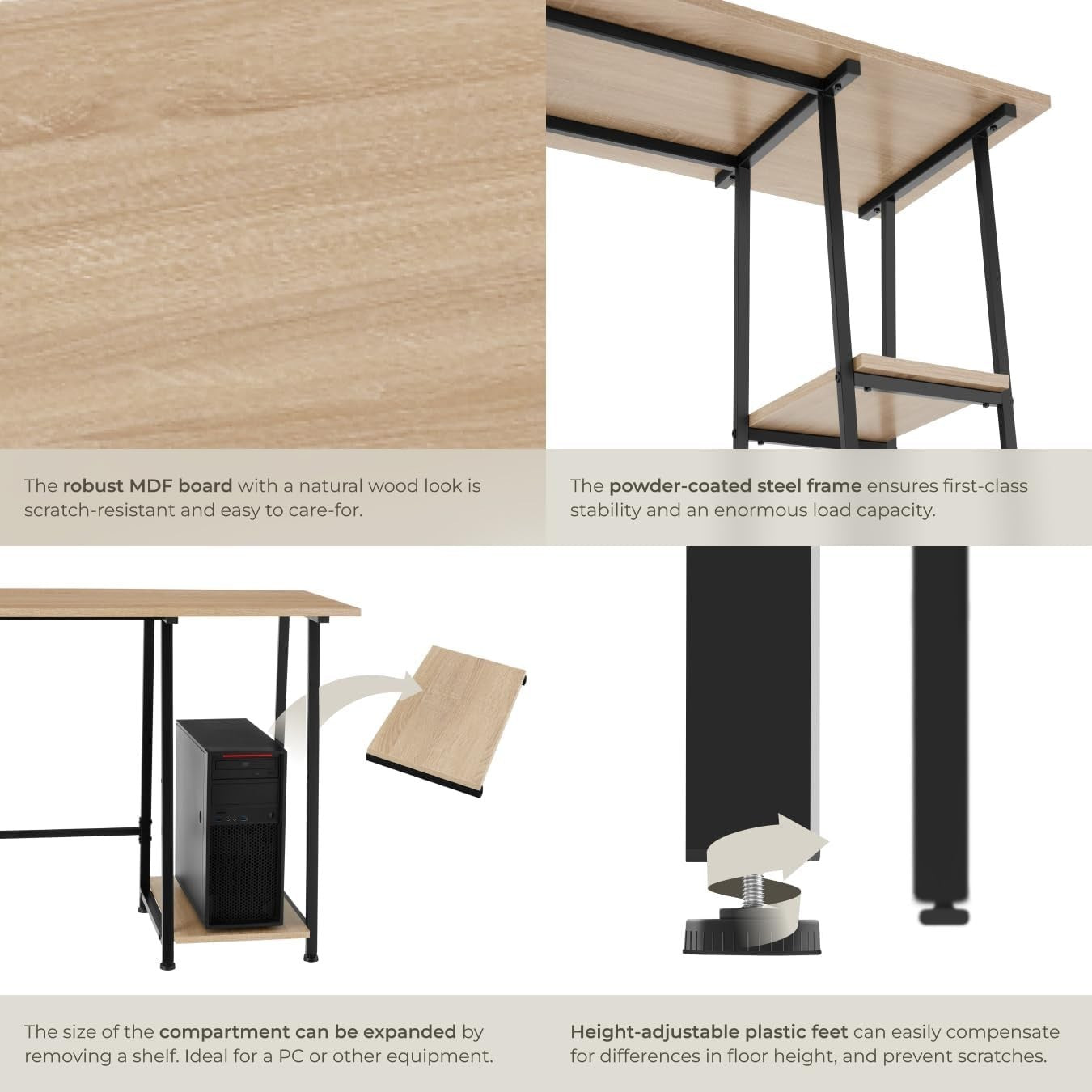 Modern Computer Desk Light Wood 120cm with Shelves & Steel Frame Office Table