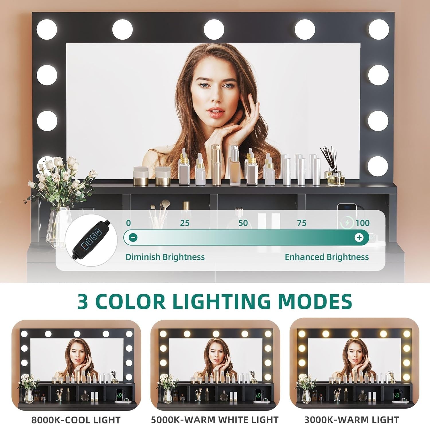 Hollywood Dressing Table Makeup Vanity Desk w/ Lighted Mirror Stool Drawers USB