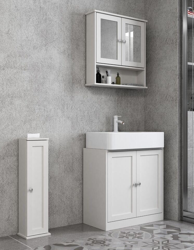 Rustic Brown Bathroom Set – Wall Mirror Cabinet, Sink Unit & Toilet Paper Holder