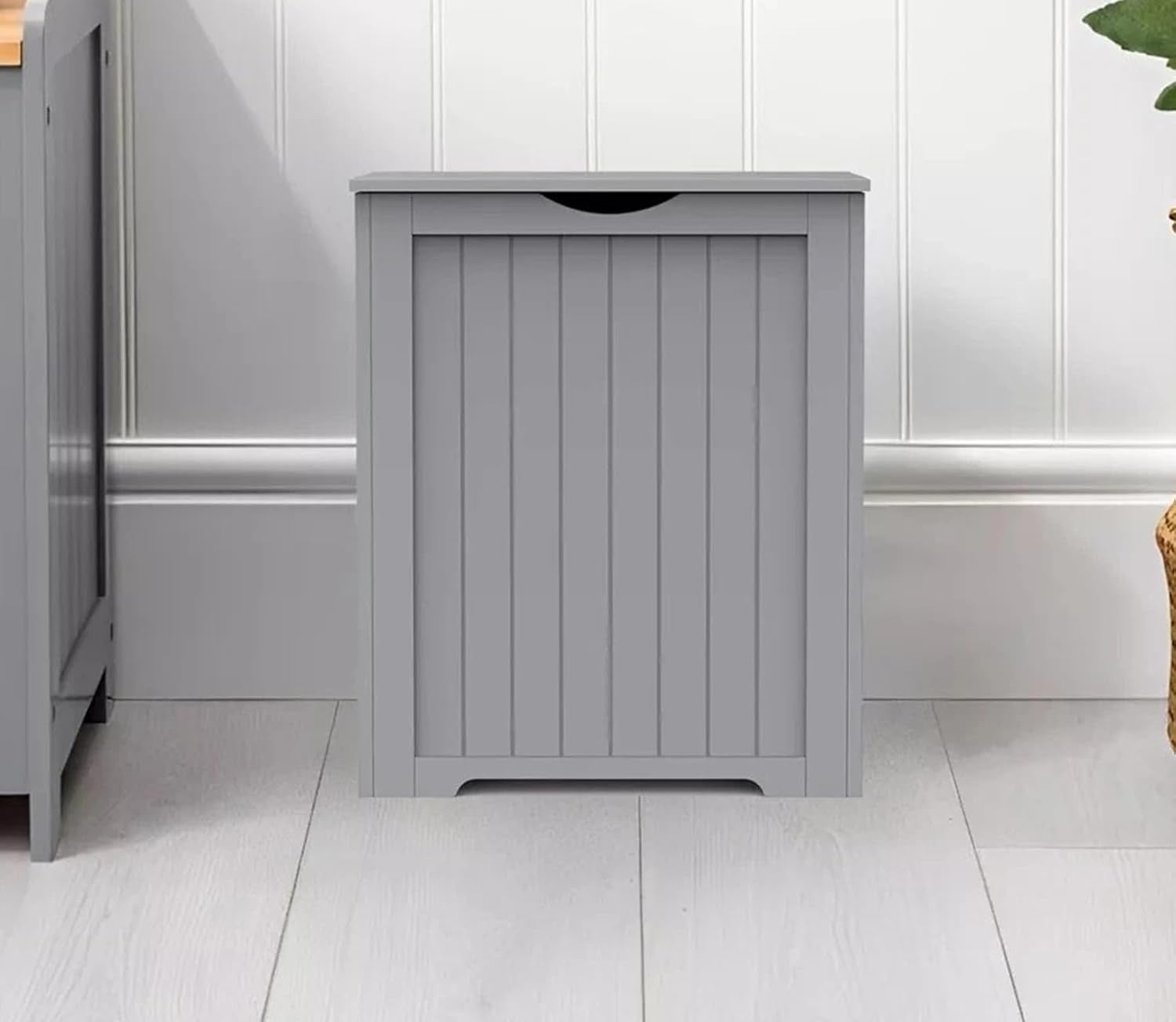 Laundry Hamper Cabinet Wooden Storage Chest with Lid Grey Bathroom Unit