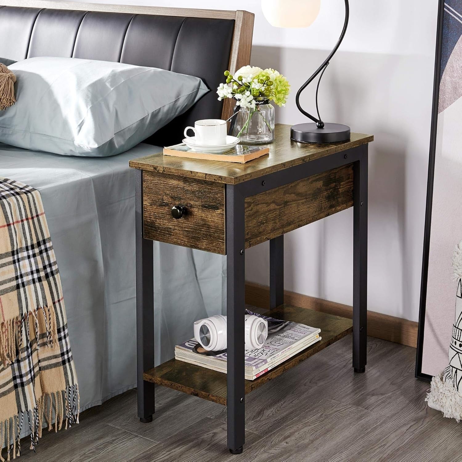 2-Tier Industrial Side Table with Drawer Narrow Rustic Brown 60x29.5x59.5cm