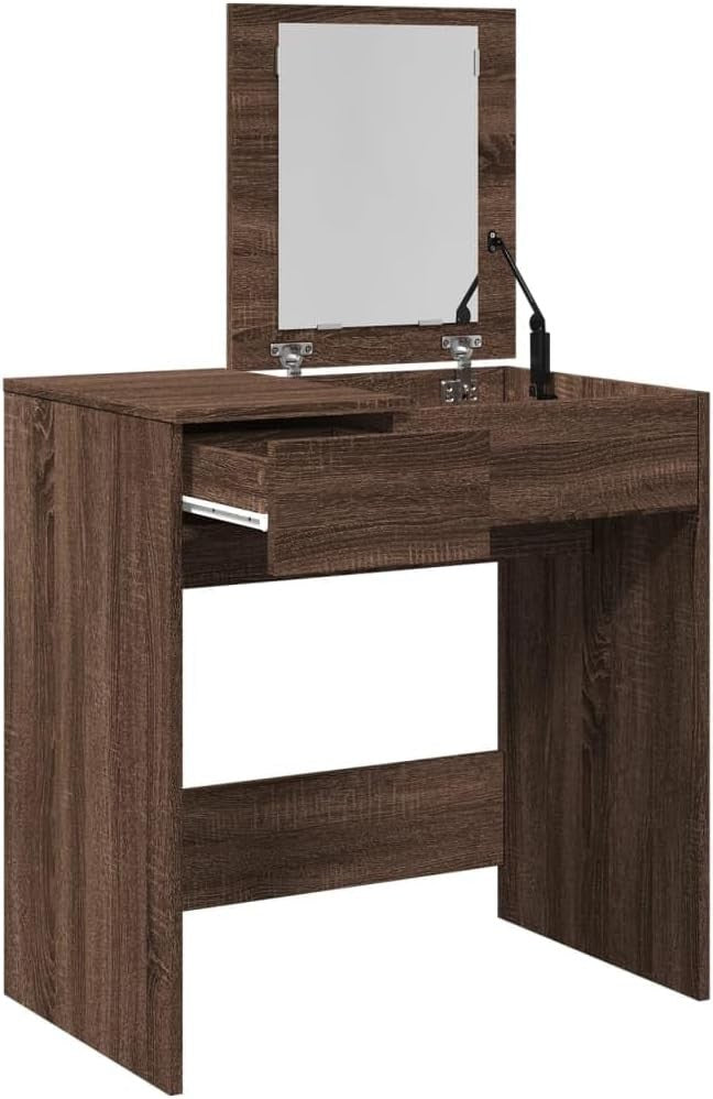 Modern Brown Oak Dressing Table Vanity Makeup Desk Mirror Storage Drawer