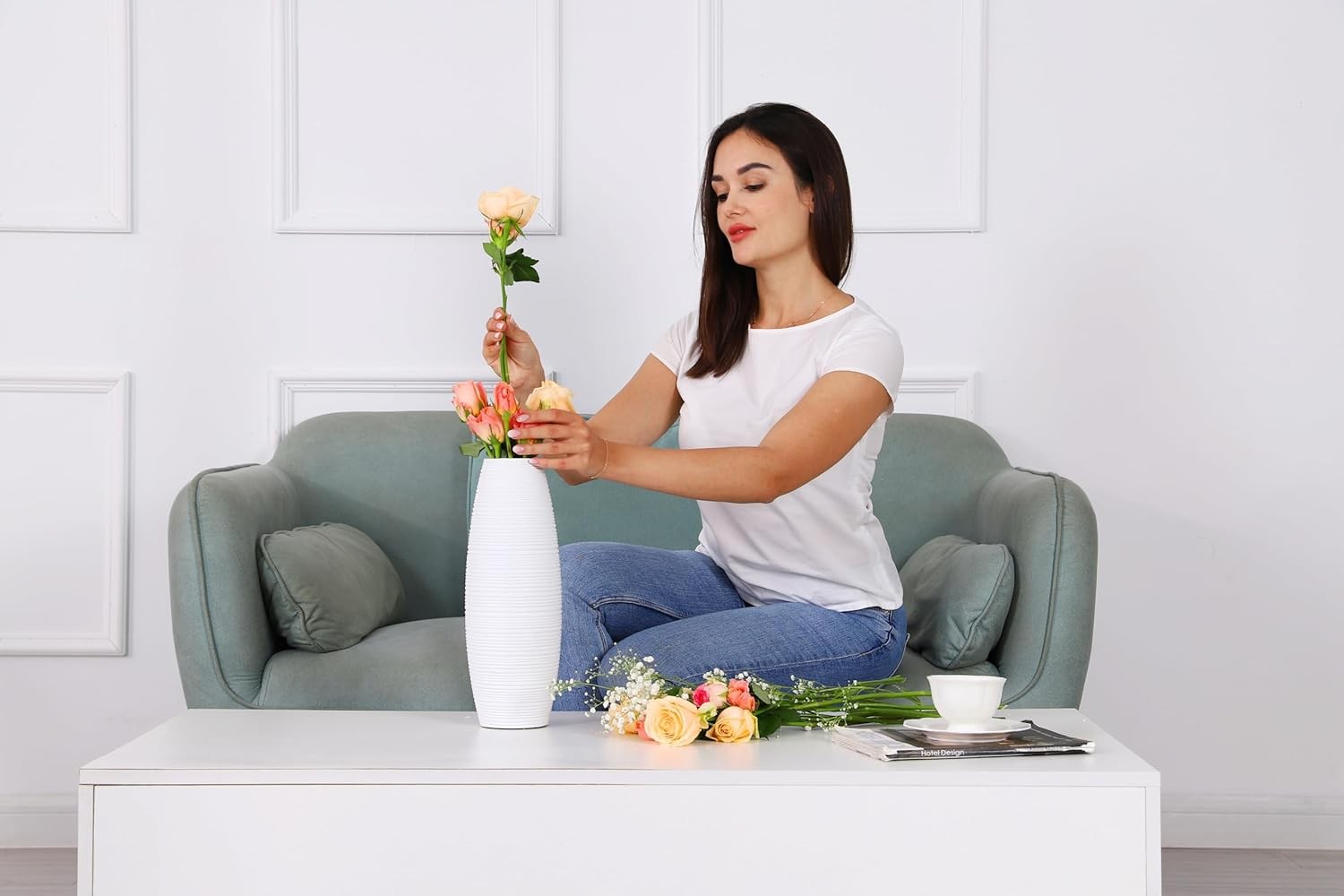 Large White Floor Vase 41cm Tall Modern Pampas Grass Home Décor