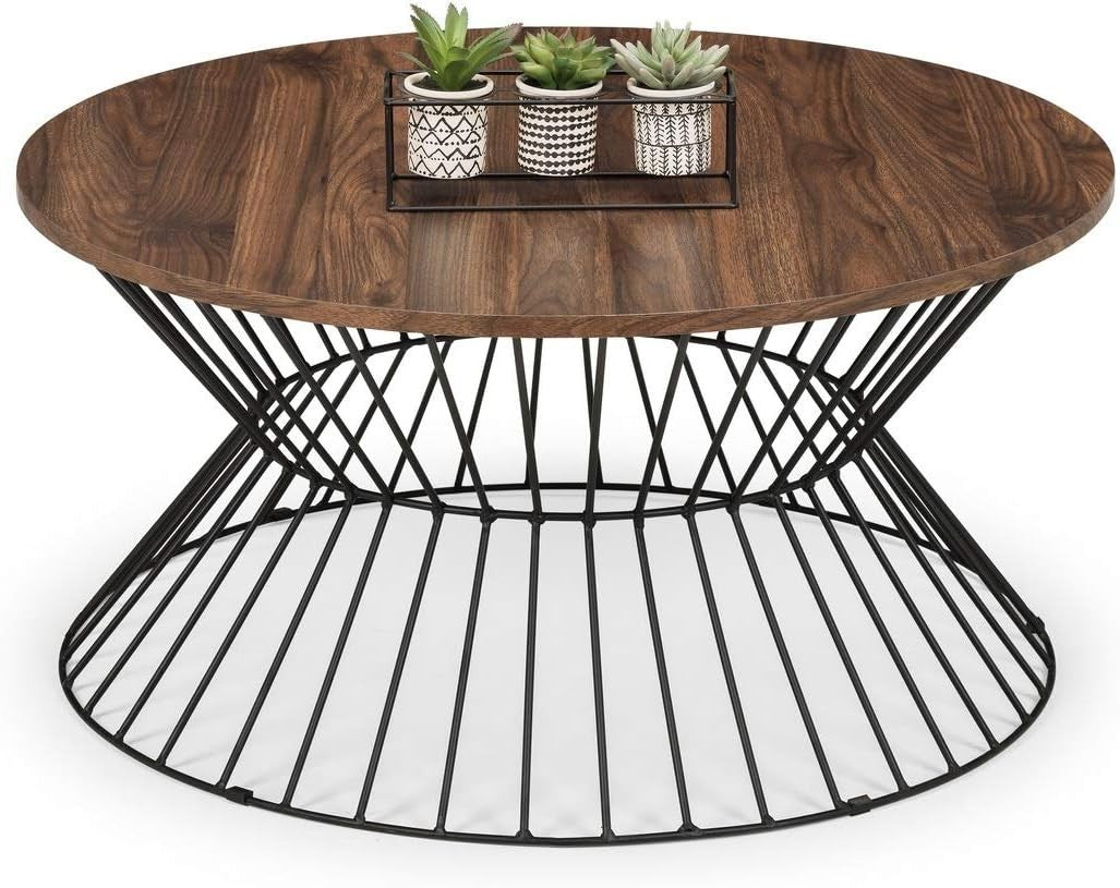 Round Walnut Coffee Table with Black Wire Base – Modern Industrial Style.
