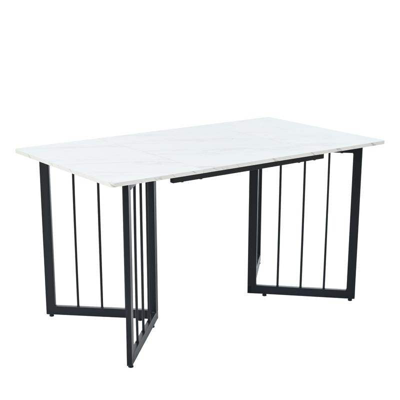 140x80cm Marble Effect Dining Table with Black V-Frame Legs, Adjustable Feet