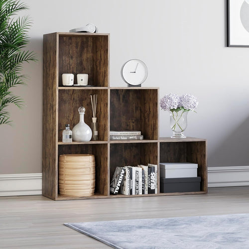 6 Cube Dark Wood Staircase Storage Shelf Modern Durable Organizer
