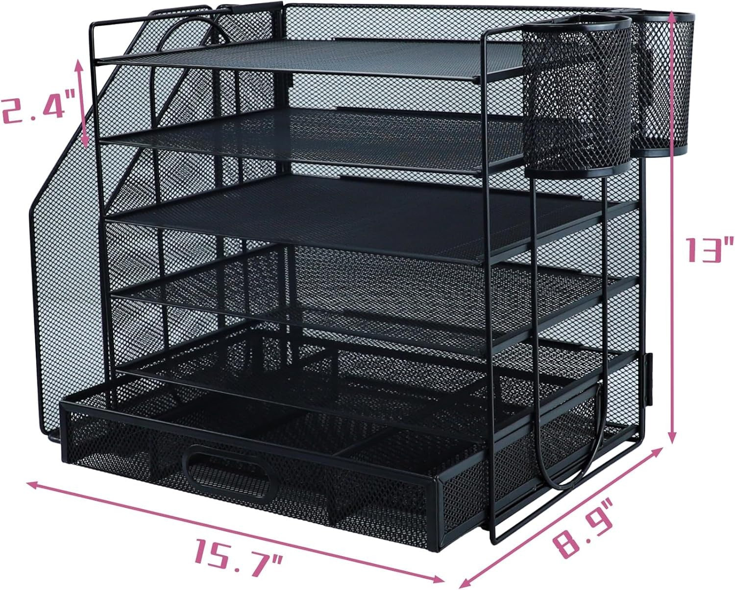 6-Tier Metal Desk Organizer with Drawer Pen Holders File Trays Black