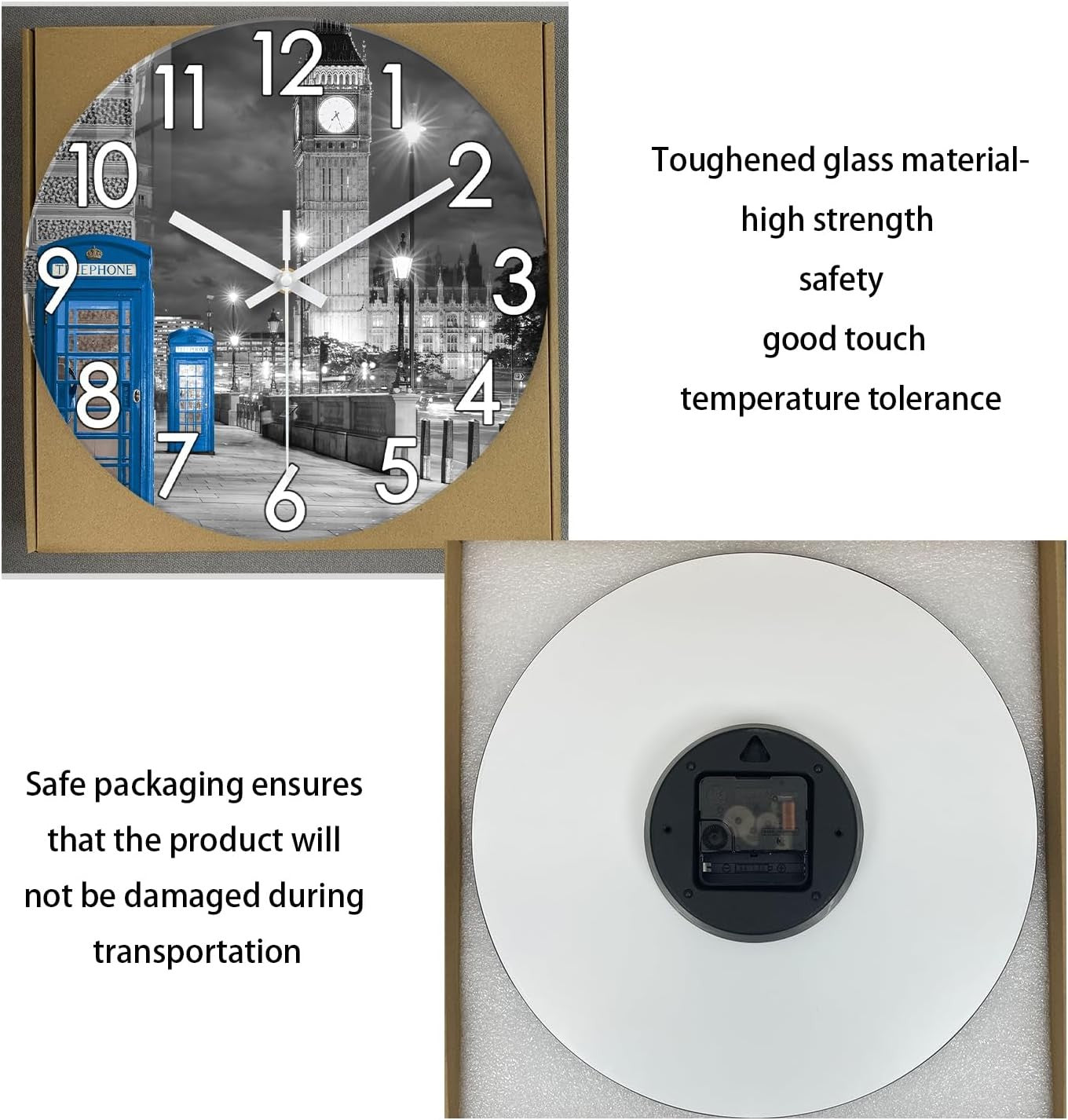 16" London Wall Clock Grey Silent Round Glass Modern Home Decor