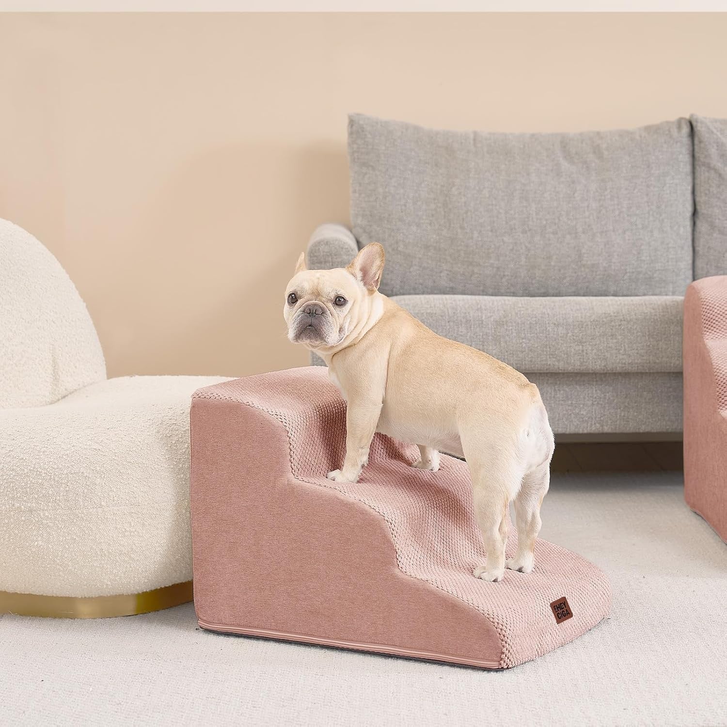3 Step Dog Stairs for Sofa Bed High Density Foam Pet Ramp Washable Pink