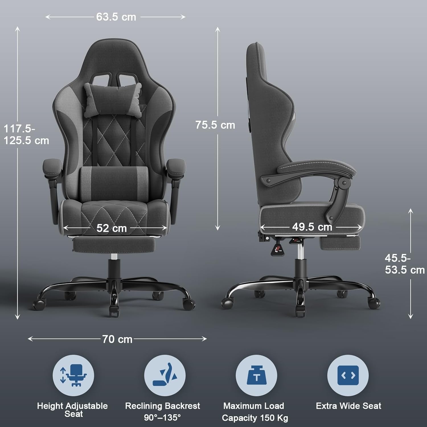Ergonomic Fabric Gaming Chair Recliner w/ Footrest & Lumbar Support