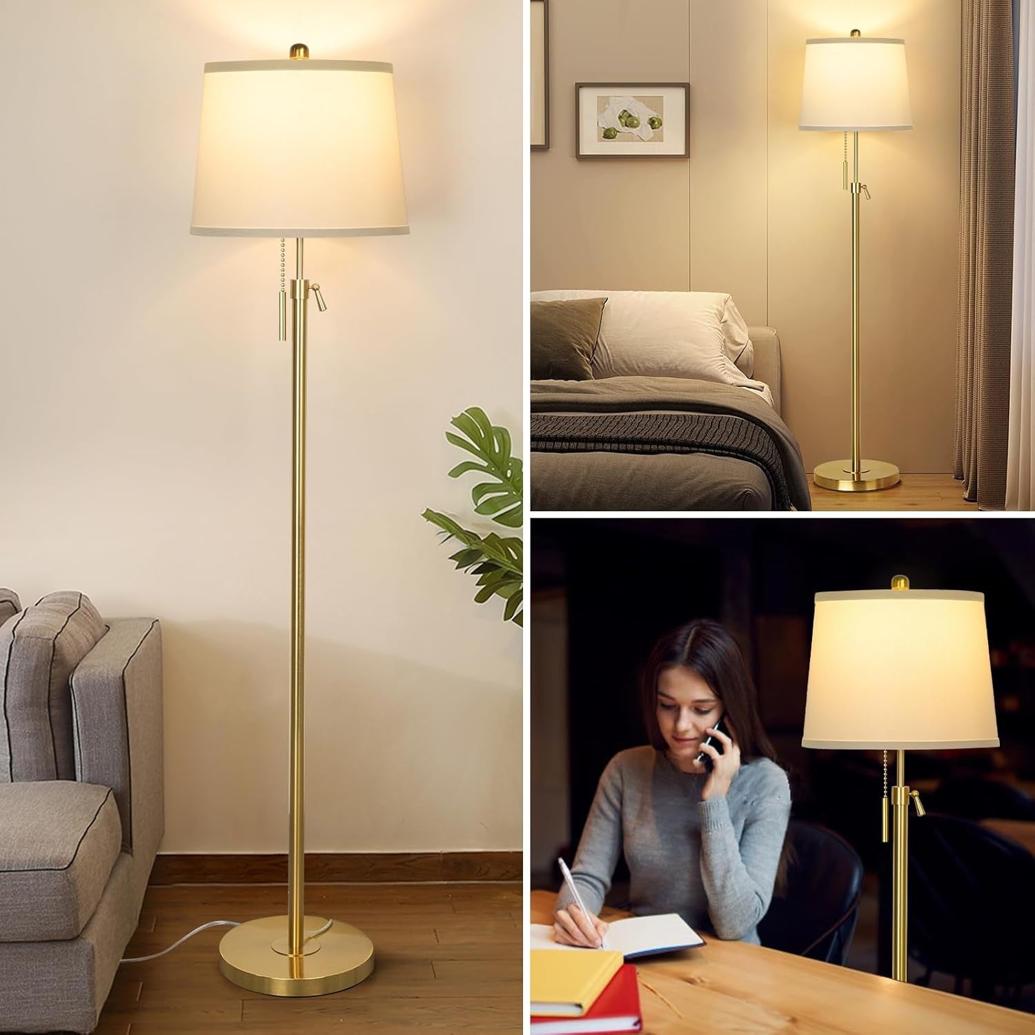 Adjustable Floor Lamp Gold Height Adjustable 3 Colour LED Standing Light