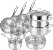 14pcs Stainless Steel Cookware Set Induction Pots Pans with Glass Lids Non Toxic