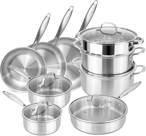 14pcs Stainless Steel Cookware Set Induction Pots Pans with Glass Lids Non Toxic